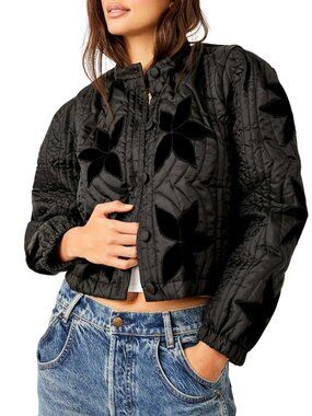 Free people Quinn Floral Embroidered Quilted Jacket in Black Size L